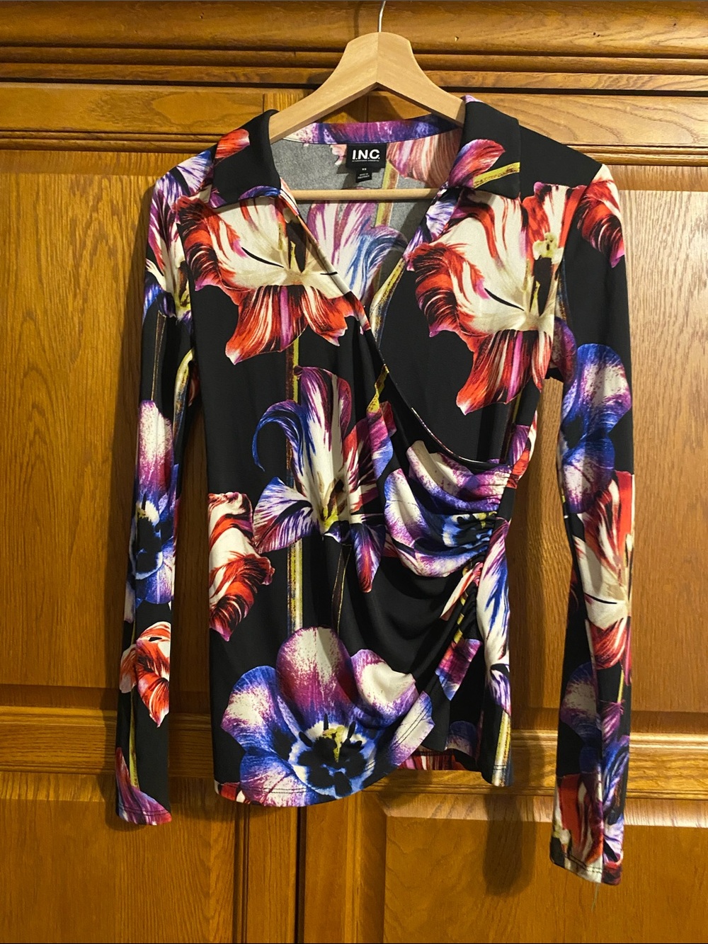 INC International Concepts Black Floral Wrap-Front Long Sleeve Blouse